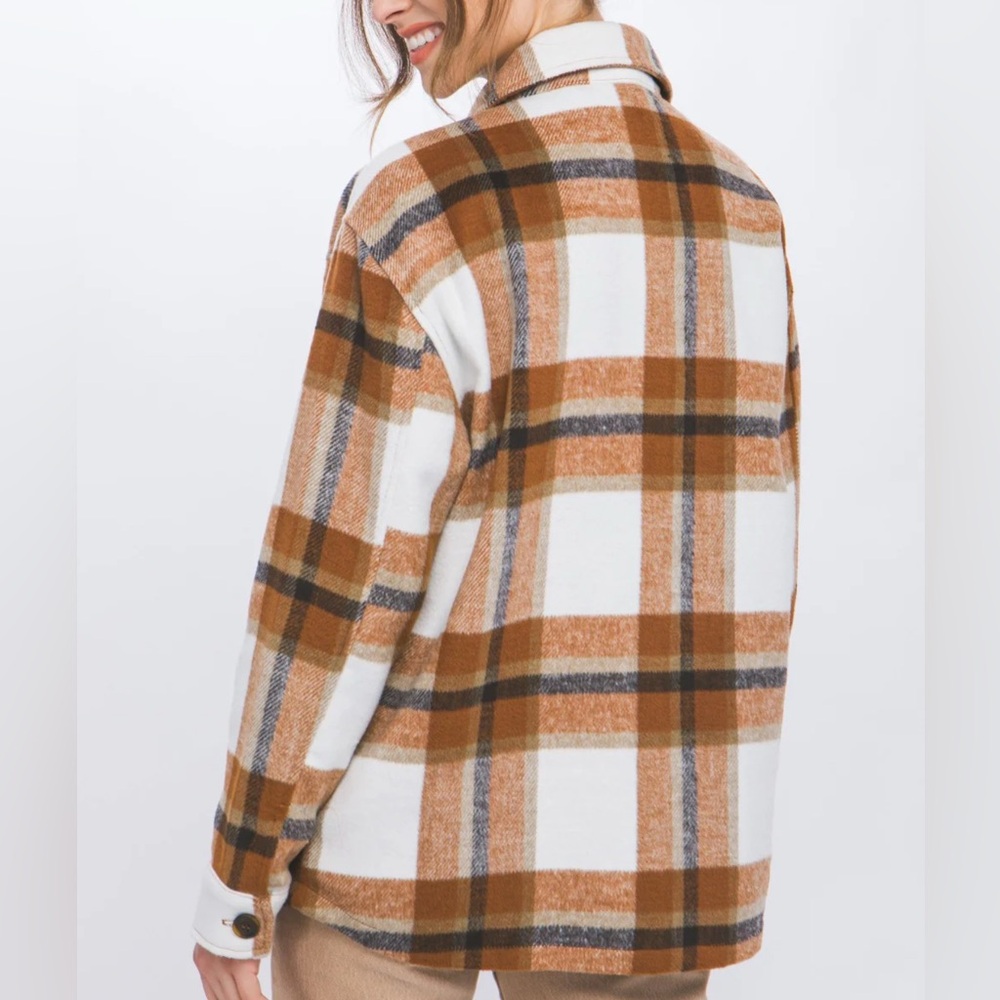 Love Tree Plaid Brown and White Button Up Shacket Sz S - Picture 5 of 12